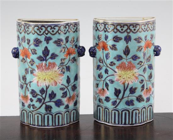 A pair of Chinese enamelled porcelain wall pockets, Qianlong period, 14.3cm., some damage